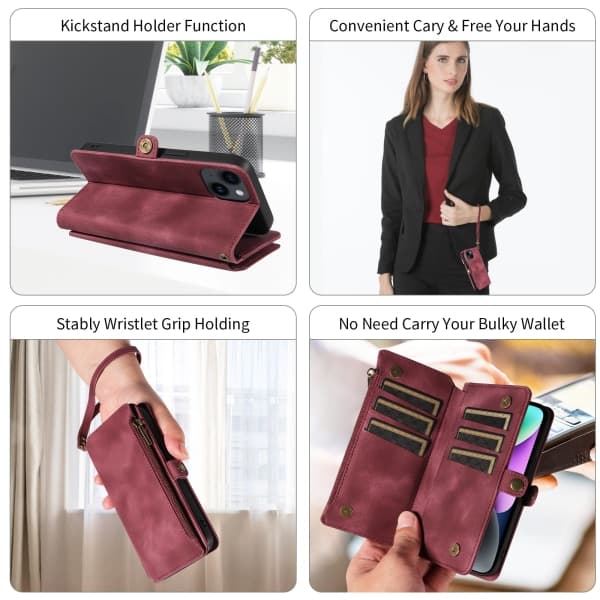 IC Apple iPhone 15 -kotelo vetoketjulla, puhelinkotelo, lompakko, punainen iPhone 15 Pro Max