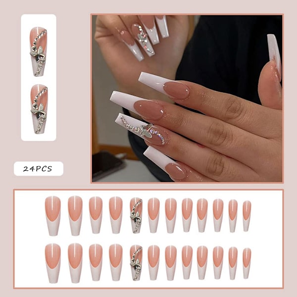 24 st Press on Nails Långa falska naglar Akryl Balett Fransk Vit Illuminate Butterfly tejp på naglar Design Naglar för kvinnor och flickor