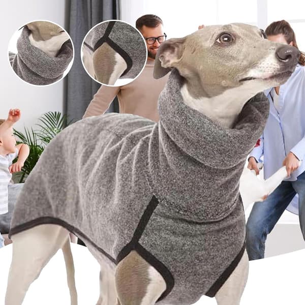 Greyhound Whippet Fleece Dog Coat Warm Turtleneck with Soft Lining, Cold Weather Clothes for Thin Coated Breeds, Grey Size L