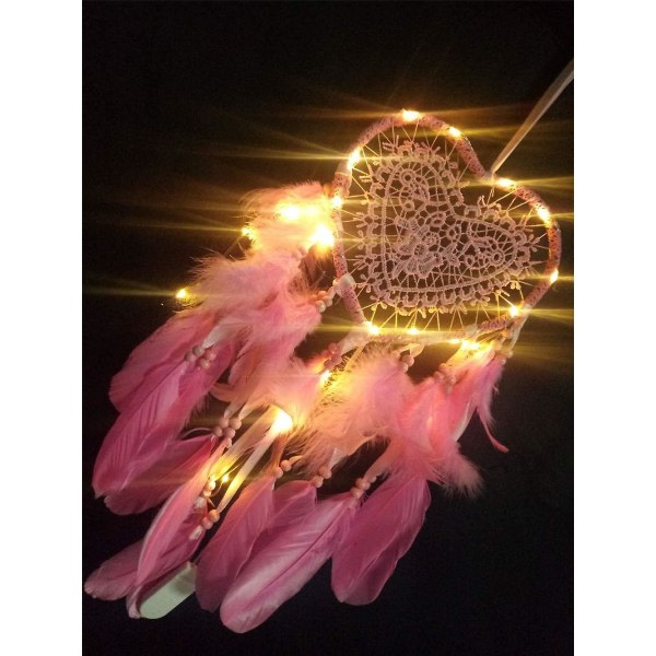 IC Heart Dream Catcher Boho Style Handgjord Led Ljus Vägghängande Romantisk dekoration (rosa)