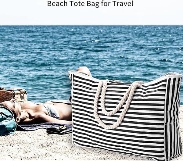Water-resistant beach bag with large capacity - black and white stripes 55*38*15cm - with two side pockets - beach bag