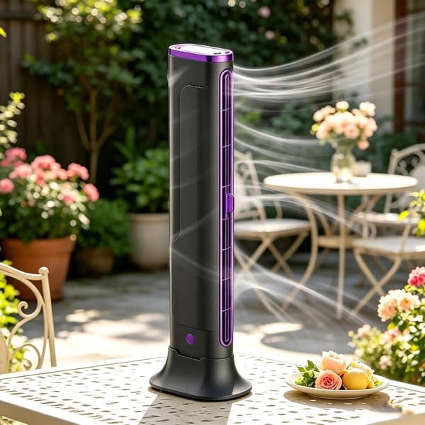 Bladeless skrivebordsventilator, 3-i-1 skærm- og tårndesign, genopladelig USB, støjsvag 3-hastighed, til kontor og studie, grå lilla, 37 cm