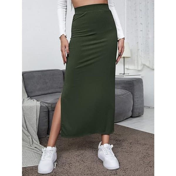 IC Dame Elastisk Midje Delad Lår Ribbstickad Lang Maxi Bodycon Blyantkjole