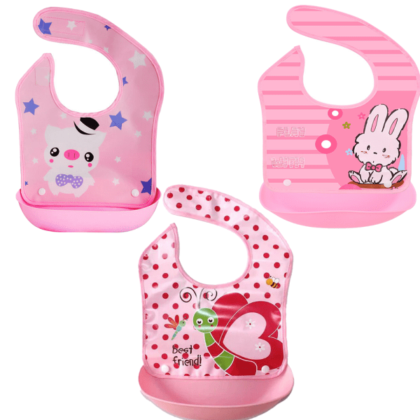IC 3-pack - vattentät haklapp för baby och toddler med justerbar löstagbar, 6-24 månader - rosa gris + rosa kanin + rosa fjäril
