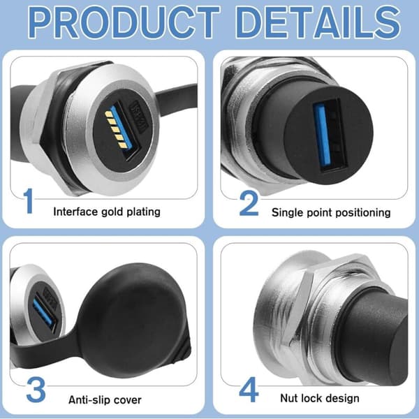 Dele USB 3.0 Panel Socket, Rund Tryk Konverter, Indbygget Gevindmonteringsadapter 5Gbps USB3.0 Hun, USB Auto Forsænket