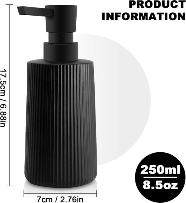 Sæbedispenser, genopfyldelig ribbet glas pumpeflaske til badeværelse og køkken, 250 ml, mat sort