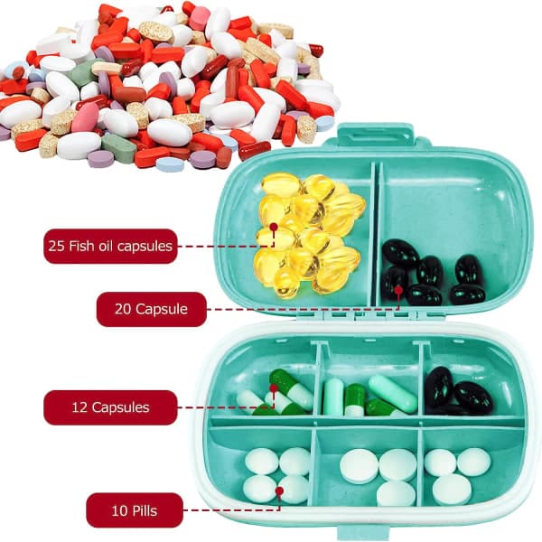 IC x resetablettask (blå), 8 fack, liten bärbar tablettask för handväska, medicin, vitaminer