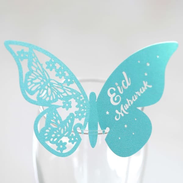 100 stk 3D Butterfly Nummer Navn Papir Bordskort Vinglass Cup Kort Eid Mubarak Ramadan Dekorasjon Reflekterende Gull