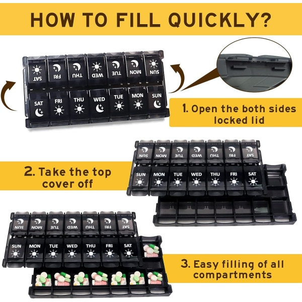 IC Pill Organizer 2 kertaa päivässä, Päivä Yö Pill Case, Pill Box 7 päivää, Helppo täyttö & painonappisuunnittelu