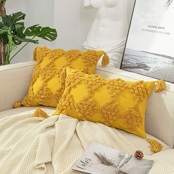 IC Boho Diamantmönster Tuftad Kuddfodral med Fransar Accent Bomull Örngott Marocko Tribal Rektangel Case (Gul, 12\"x20\")