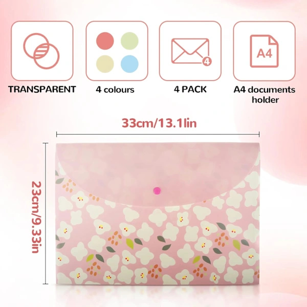 4 stk A4-mapper med blomstermønster, PVC-omslag