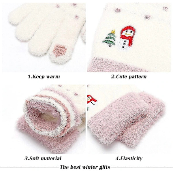 Varme damehandsker, strikkede varme handsker, elastiske fluffy damehandsker, vinterforet med uld
