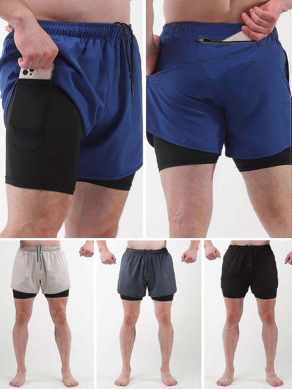 Herr 2-i-1 löparshorts med innerfickor, snabbtorkande för cykling, fitness och basket, grå medium Grey Medium