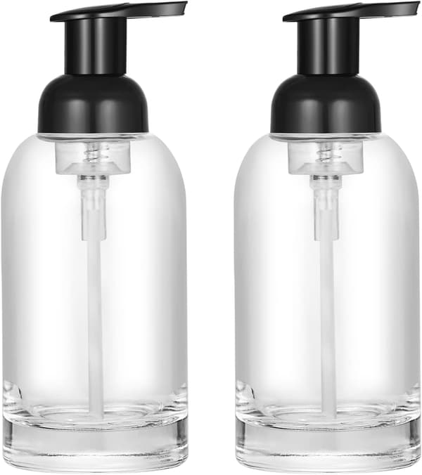 Sæbedispenser i glas - Sæt med 2 - 375 ml - Skumpumpe til skumsæbe - Sort pumpe - Transparent