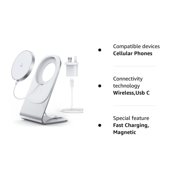 Magnetisk trådløs ladning for iPhone 15/14/13/12-serien -med Mag Safe Charger Stand og adapter, kompatibel med Magsafe iPhone (europeisk standard)