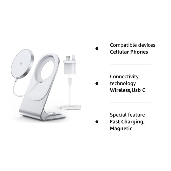 Magnetisk trådløs opladning til iPhone 15/14/13/12-serien -med Mag Safe Charger Stand og adapter, kompatibel med Magsafe iPhone (europæisk standard)