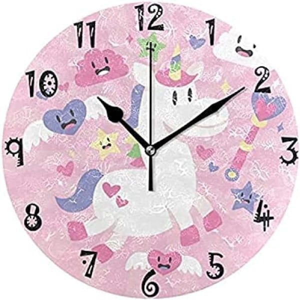 IC Art Rosa häst hjärta cirkulär väggklocka Rund tallrik Tyst icke tickande klocka för kök Sovrum Hemmakontor Skola Kid Pojkar Flickor Dekor
