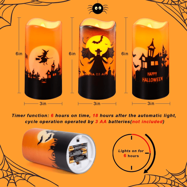 IC-set med 3 Halloween-batteridrivna slottsljus, LED Halloween-flimmerljus med 6H-timer, Halloween-bordsdekoration för hemmafester