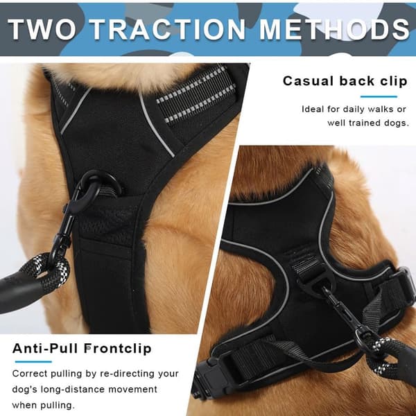 Mellem hundesele (S) - 2 snorclips, reflekterende striber - Hals 30-43cm, Bryst 35-53cm - Sort