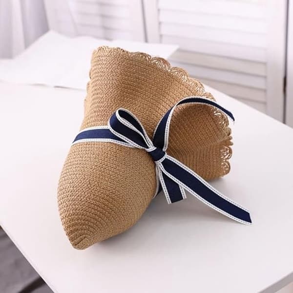 Dame stråsolhat med bred skygge og marineblå sløjfe, foldbar floppy strandhat til sommerferie og rejser, khaki, One Size