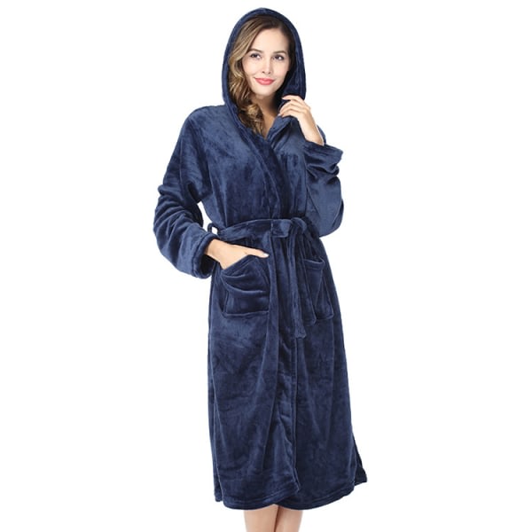 Vinterrock i varm fleece for kvinder med huva, lang badrock med luva i plysch Navy M