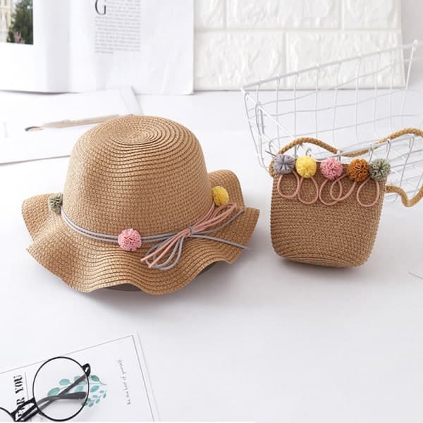 IC Barn Solhatt Jenter Sommer Ny Halmveske Cap Sett Baby Reise Sol Khaki
