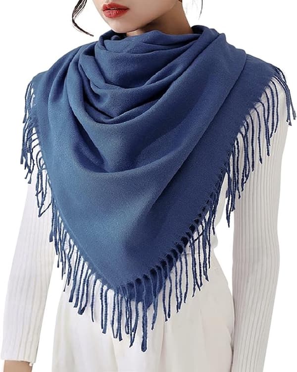 Dame vevd skjerf, myk imitasjon kasjmir polyester, lang frynsete sjal for høst og vinter, himmelblå, 70 x 200 cm Denim blue
