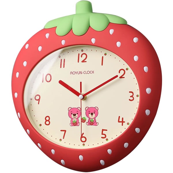 IC Dekorativ jordgubbsväggklocka 12 tums tyst, ej tickande batteridriven Söta tecknade klockor för vardagsrumsinredning, kök (röd)