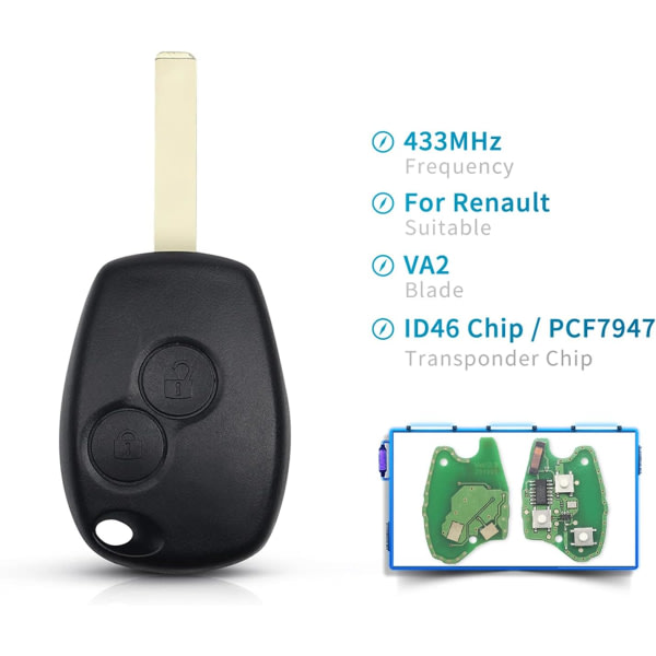 IC 2 knapper 433 MHz fjernkontroll bilnøkkelbrikke skal med PCF7947 chip VA2 blad for Ren-ault Kangoo 2 Clio 3 Duster Modus Twingo DACIA Logan