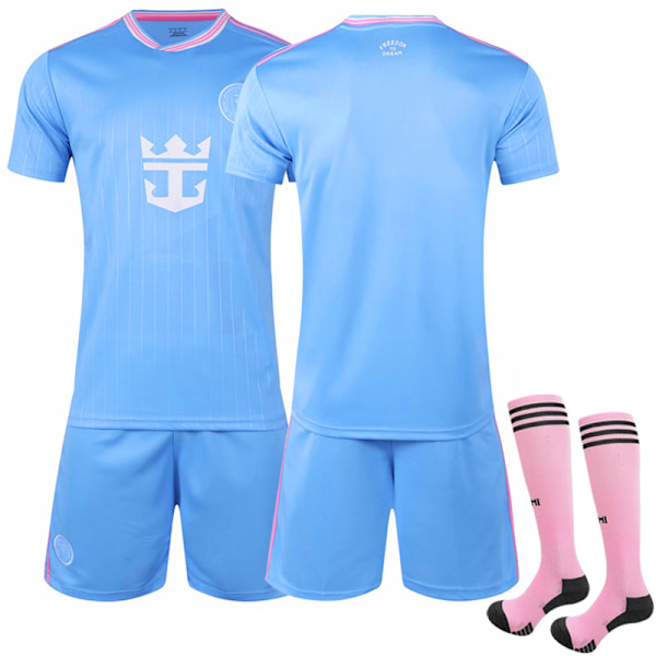 Blå drakt Major League Soccer Club Jersey Ny Miami II Bortedrakt Nr. 10 Messi Fotballdrakt Size 10 Sock Protectors #S