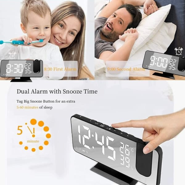 Projektorväckarklocka med radio, digital klocka, dubbelt alarm USB -klockradio och 7 (vita tecken) LED-spegeldisplay