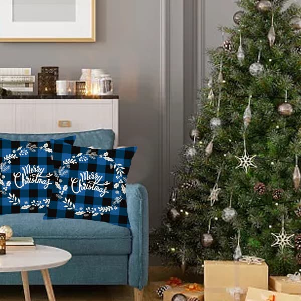 IC 4 stk svart og blå rutete pute juleelg snøfnugg sofa