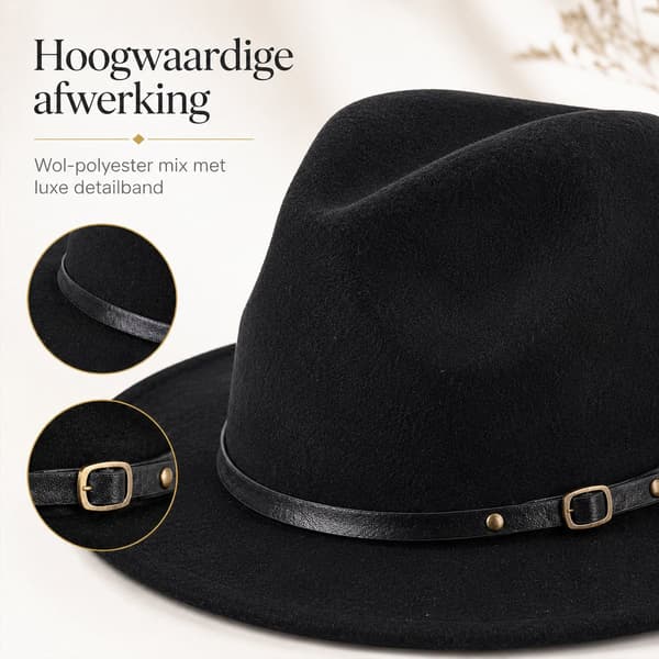 Uld Fedora Hat til kvinder, bredskygget Panama-stil filthat med spændebånd, elegant solhat til alle årstider til bryllup, strandrejser, sort