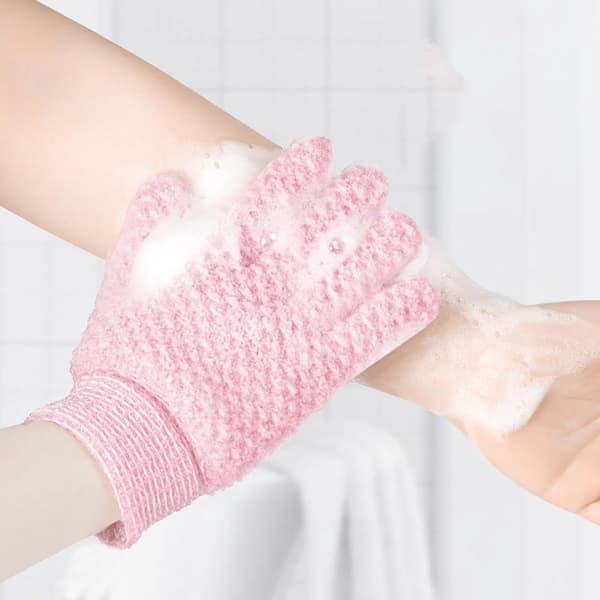 Eksfolierende kroppsskrubb-hansker, 2-pakning gjenbrukbare vaskbare dusjhansker for dyprens og massasje, elastisk passform for bad, spa, treningsstudio og reise, rosa