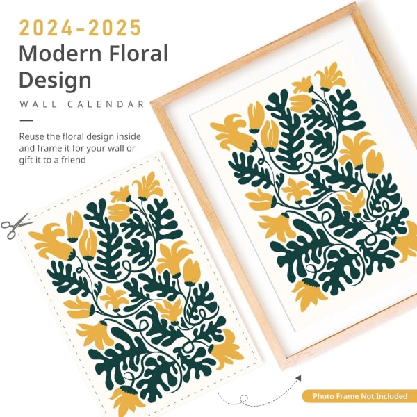 2024-2025 Abstrakt konstväggkalender – A4-størrelse (8,3" x 11,7"), 18 måneder med Bright Flower Design, januar 2024 til juni 2025