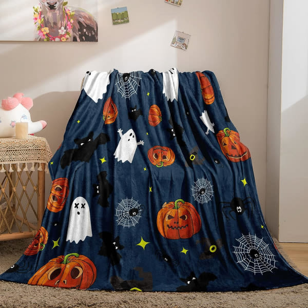 IC Halloween Filt Sød græskar heks spøgelsesmønster Halloween kastefilt til sofa sovesofa Blød let plysfilt (Græskar, Throw (50\"x60\"))