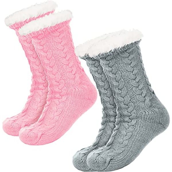 2 par Varma Slipperstrumpor, Halkskyddade Slipperstrumpor - Grå + Rosa