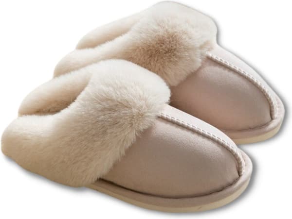Fluffiga öppna tofflor för dam och herr med plyschfoder och halkfri sula - Beige - Storlek 38/39