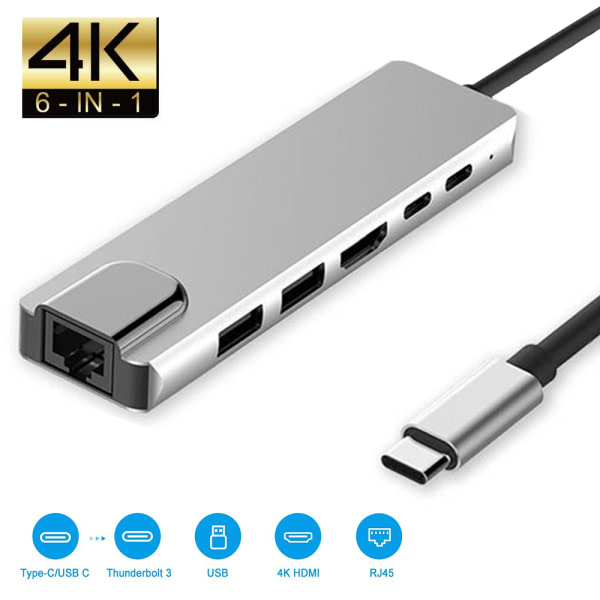 IC USB C-hub, 6-i-1 USB C-adapter med 4K 30Hz HDMI, 100W PD, 3