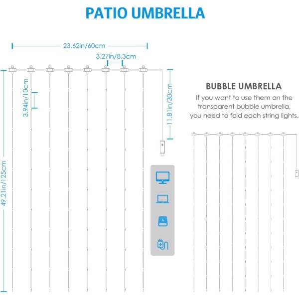 IC LED-paraplyvalosarjat, 104 LED-valosarjat kaukosäätimellä, 8 valaistustilaa Paraplyvalot Paristokäyttöiset