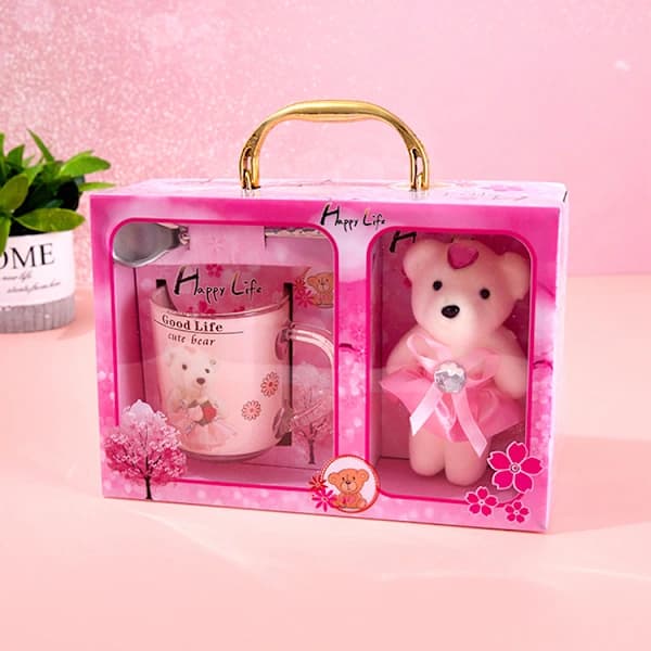 X-13 Bear Mug with Handle Glittering Gift Box Cute Bear Wish Bottle Set Birthday Gift Set Make a wish with a cup Random color Make a wish with a cup Random color
