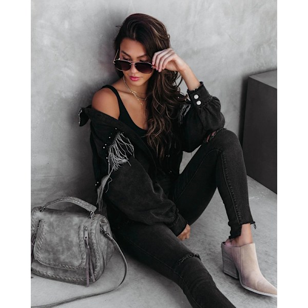 Afslappet denimjakke med frynser til kvinder Sort Sort Black XL