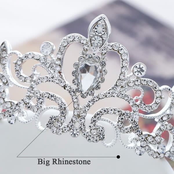 IC Bröllopskrona och tiara med kristaller för brudens hårtillbehör Silver Hart Tiara för kvinnor och flickor