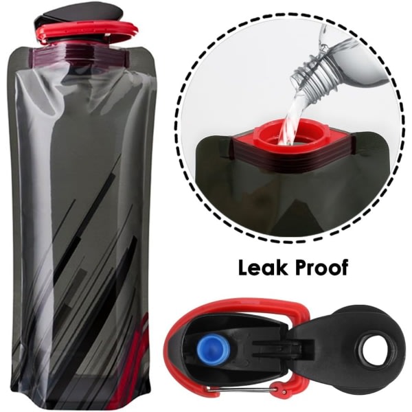 IC Foldbar Vannflaske med 3, Fleksible Foldbare Gjenbrukbare Vannflasker for Vandring, Eventyr, Reiser, 700 ml.