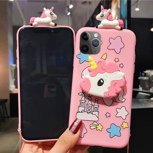 IC Enhjørning - etui til iPhone 14 Pro Max 6,7\" med snor, 3D-tegnet design Sød Elastisk Kickstand Pro Maxtective-etui (kage)