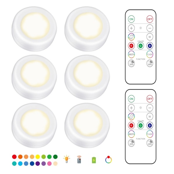 6 stk LED-spotlys med 2 fjernkontroller, RGB-design - Flerfarget White Vit