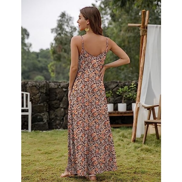 IC Kvinders Sommer Print Boho Casual Løstsiddende Strandferie Spaghettirem Lang Maxikjole med Lommer
