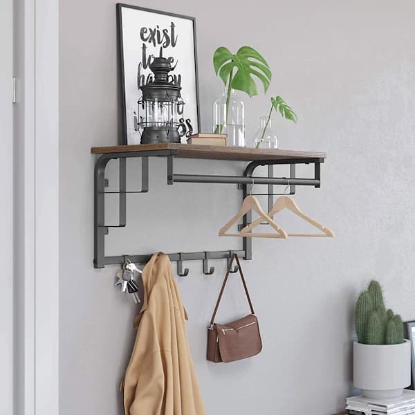 Hattehylde med tøjstativ i industrielt design - Brun/sort