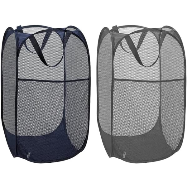 IC 2-delad pop-up hopfällbar tvättkorg, hopfällbar mesh pop-up vaskekorg med forsterkta bærehåndtag (blå + grå)