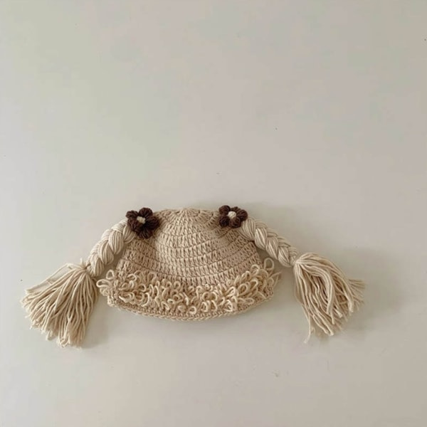 IC Sød Baby Pige Beanie Hat Pigtail Fletning Paryk Cap Hæklet Strikket Vinterhue til Børn Børn i alderen 6-48 måneder Motorhjelm Cap Khaki